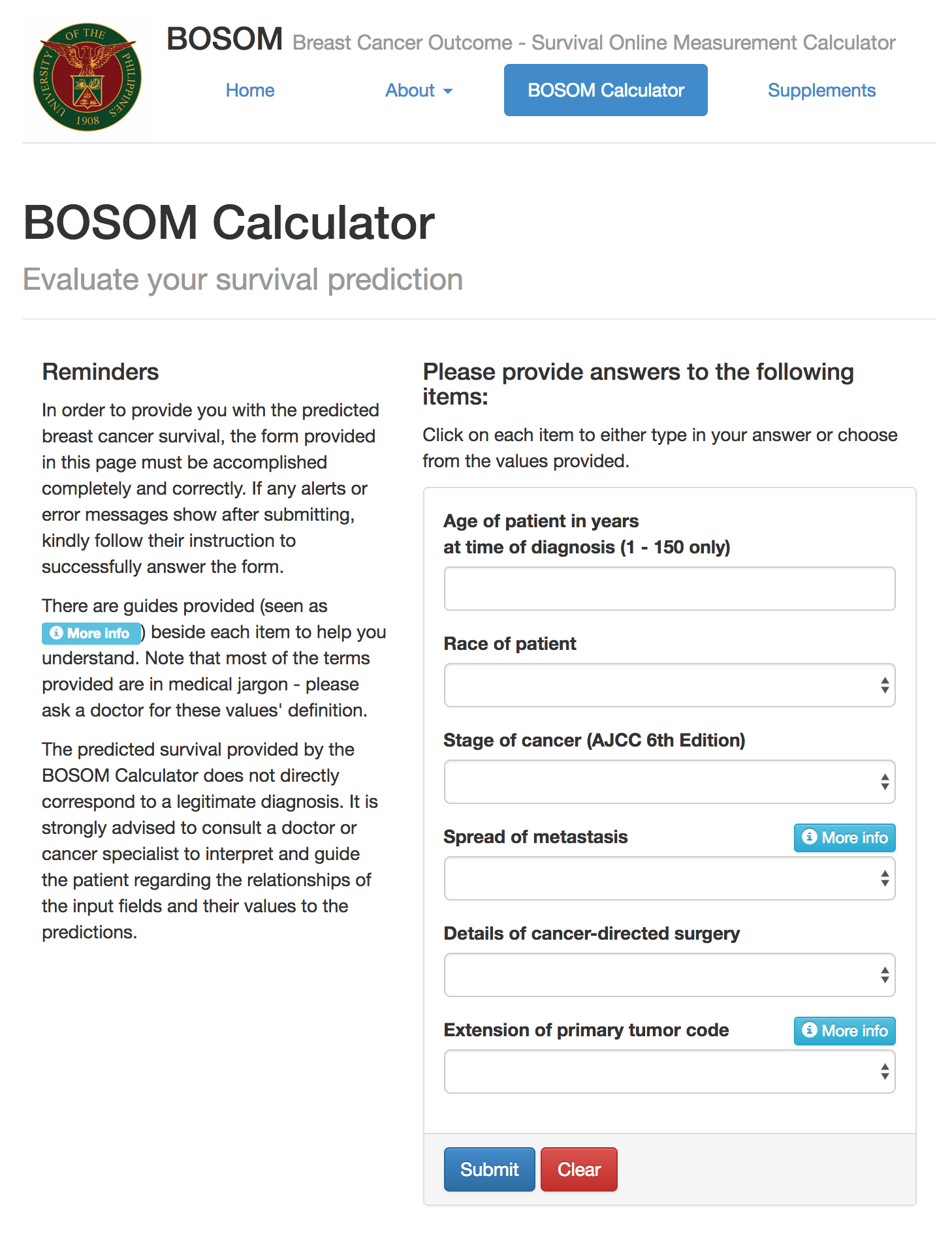 BOSOM - "BOSOM Calculator" page