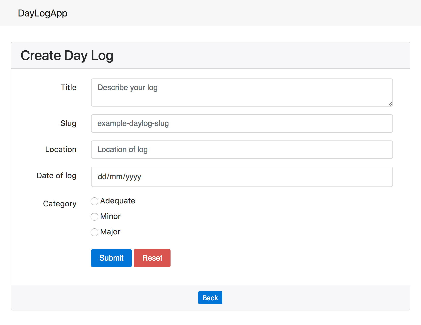 DayLog Create page - default appearance