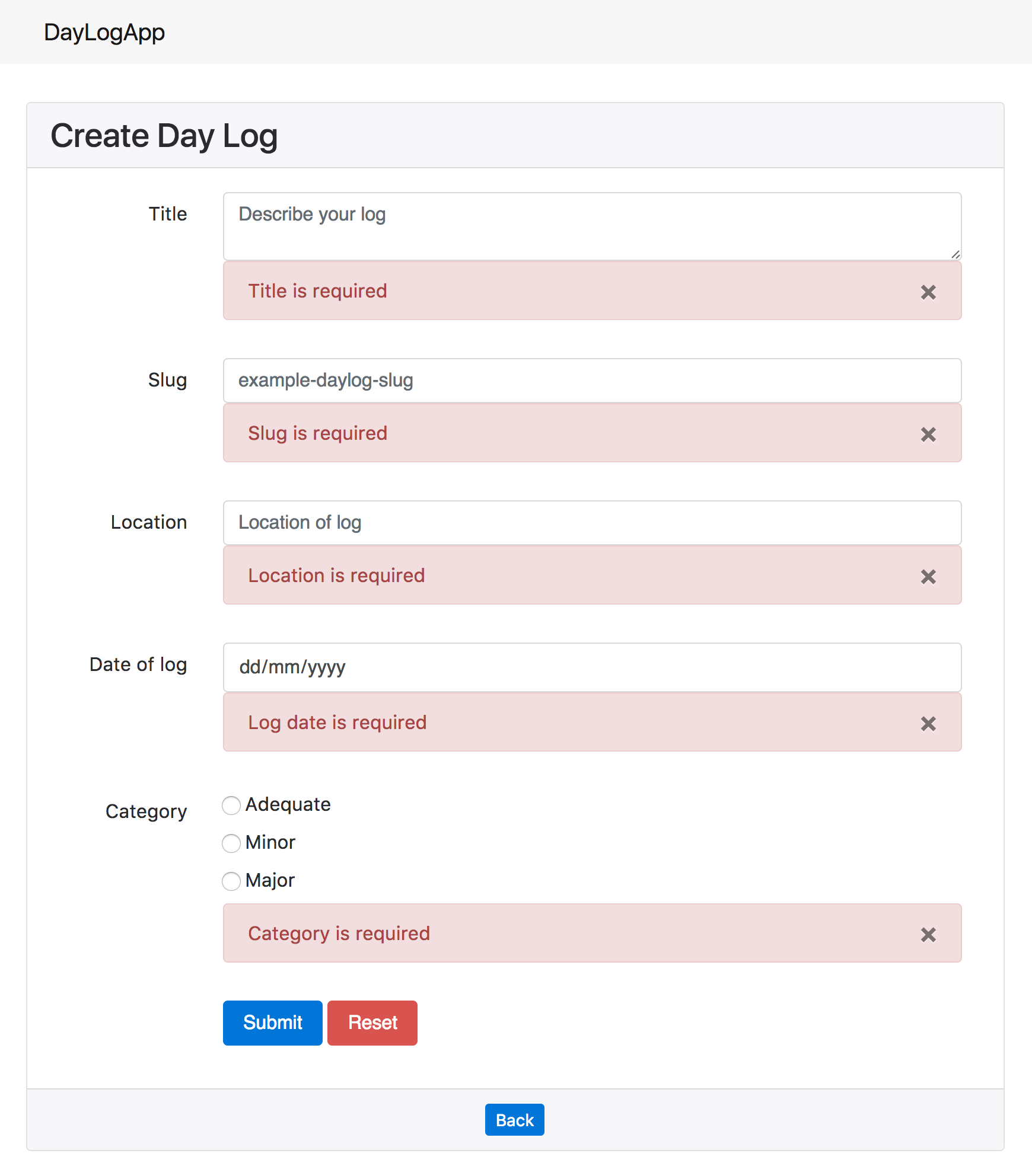 DayLog Create page - empty form validation errors