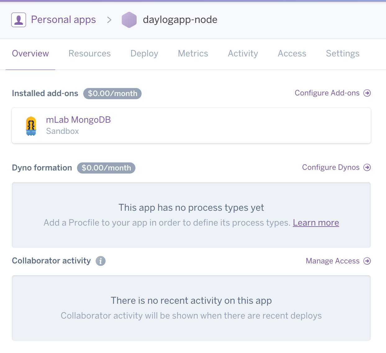 Heroku - project page - Overview tab