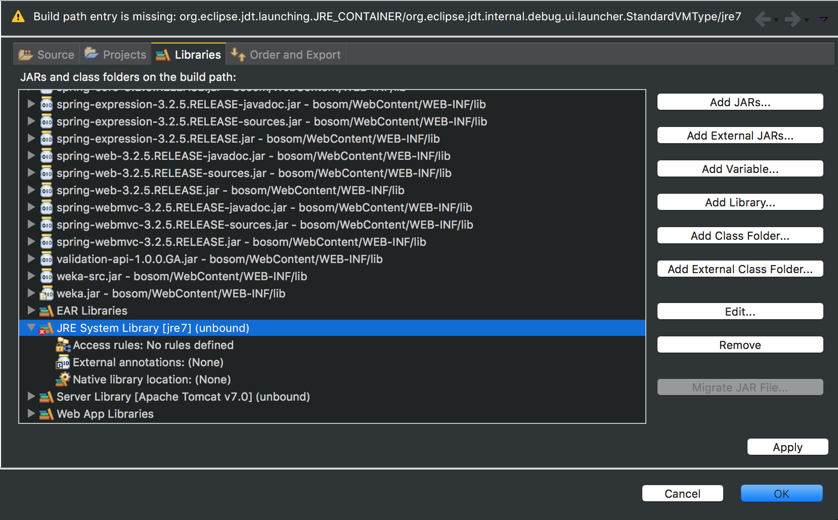 "JRE System Library [jre7] (unbound)" with an error icon