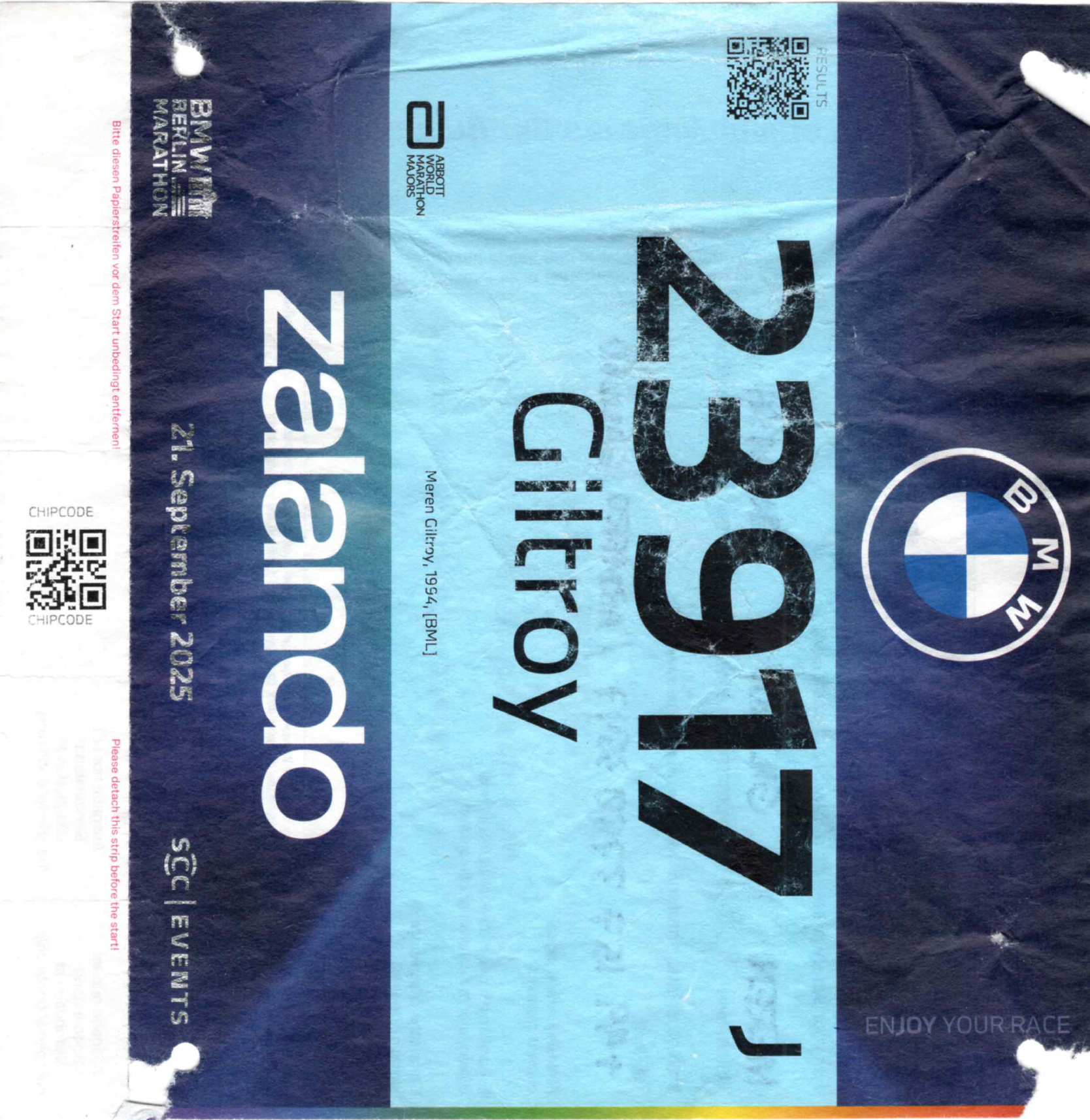 Scan of bib number 23917 after the marathon